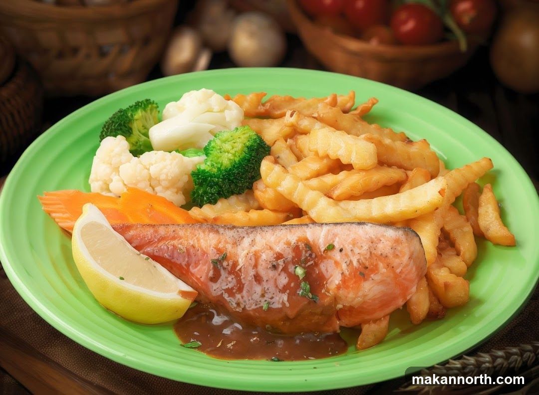 Salmon with Fries and Vegetables