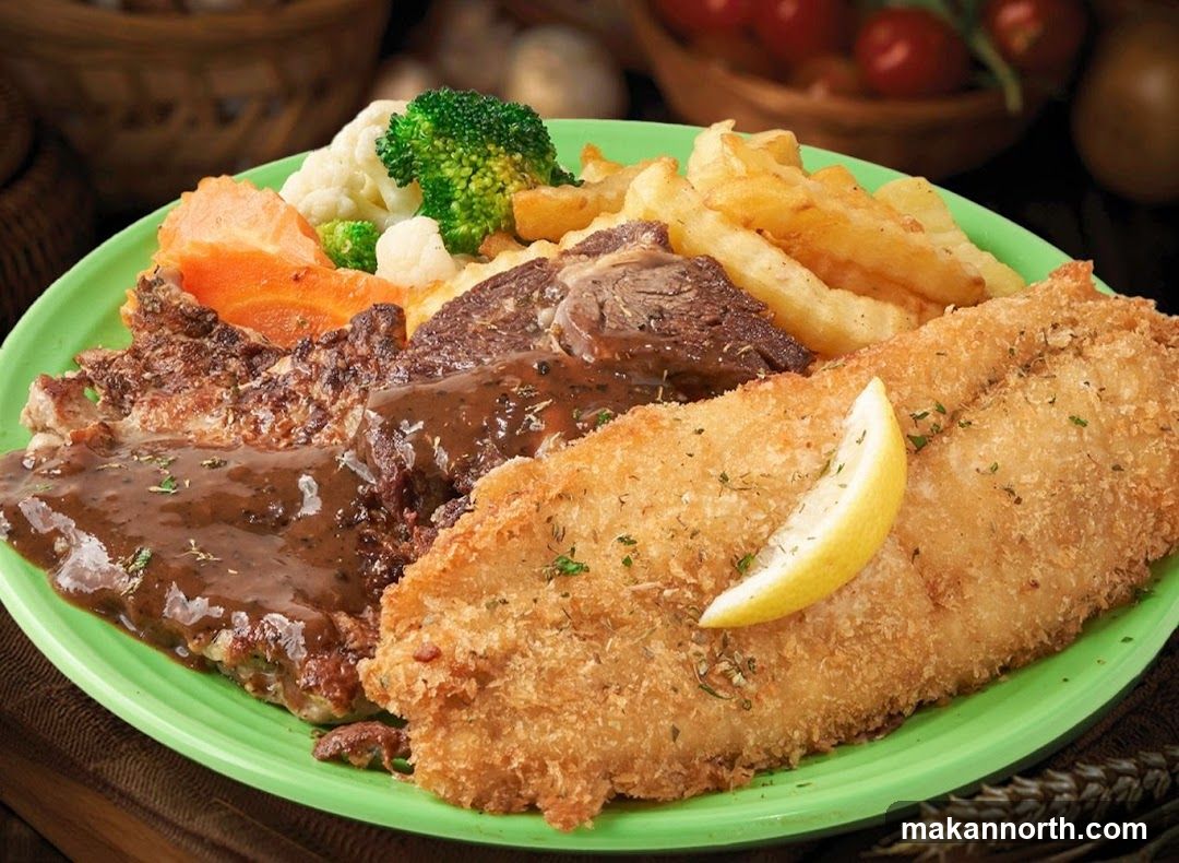 Platter with Steak, Fish, and Fries