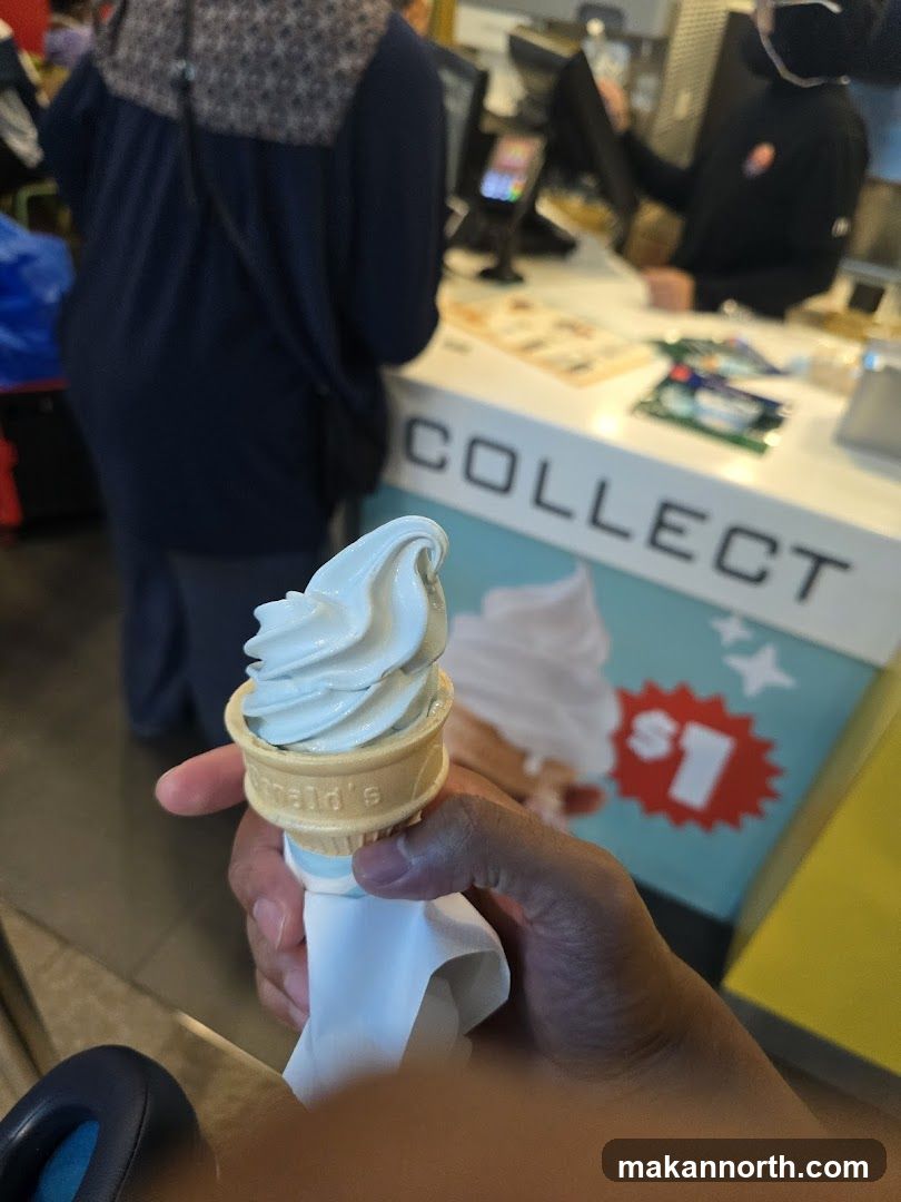 Person holding an ice cream cone at a counter