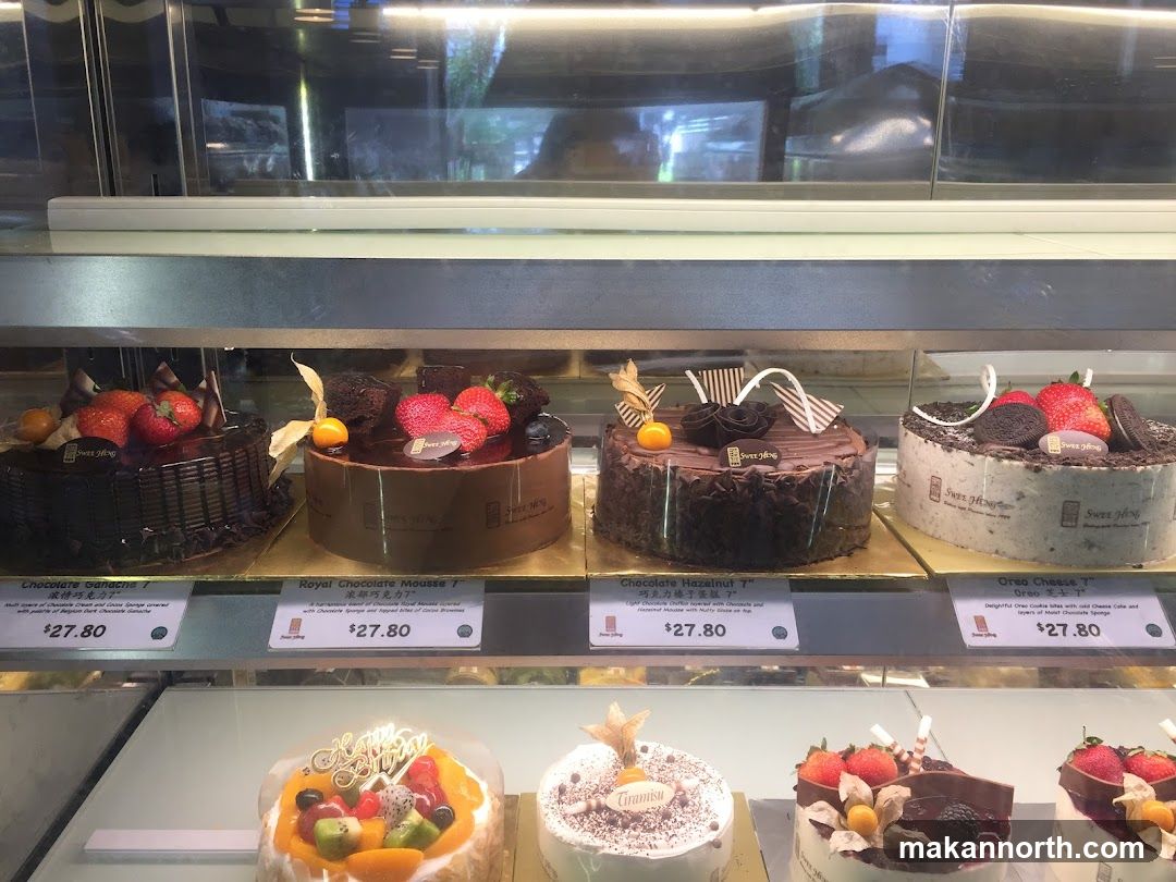 Cakes in a display case