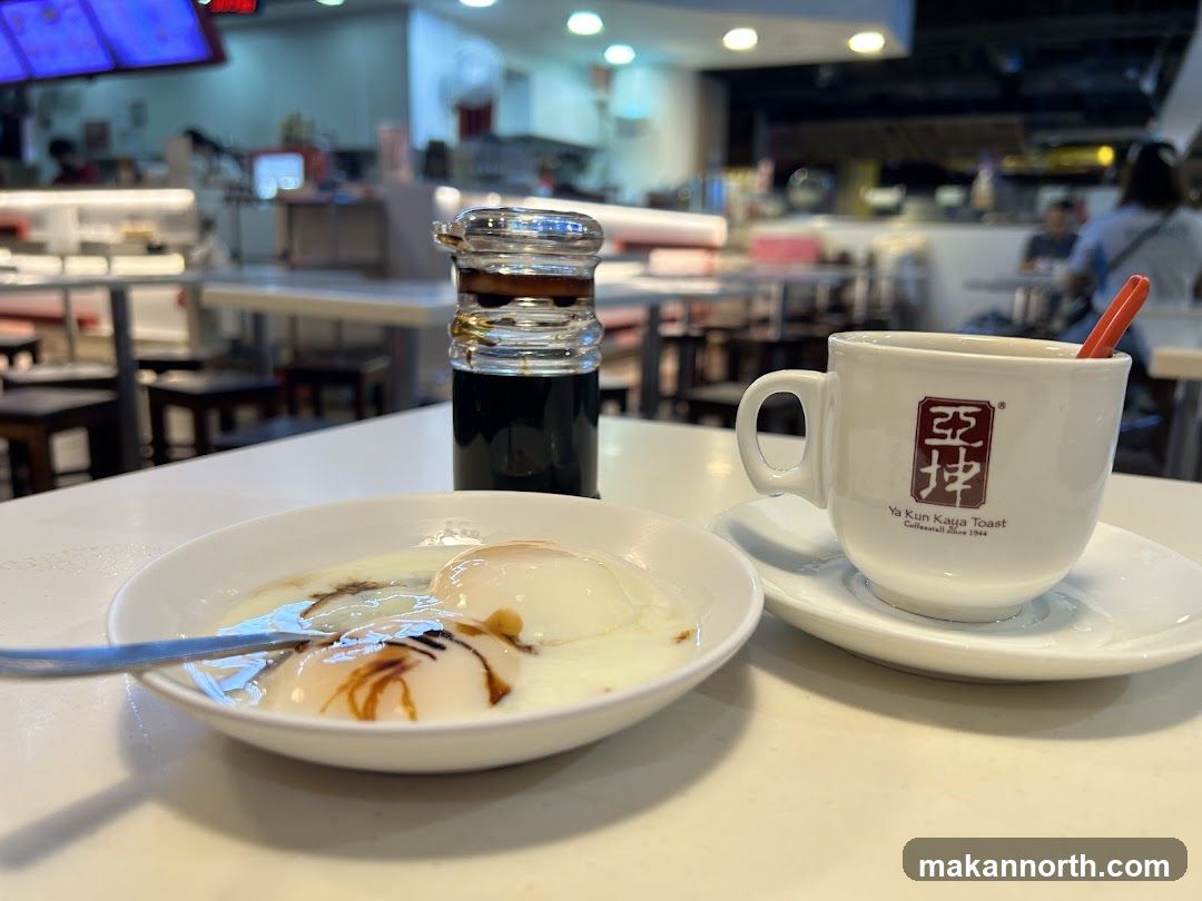 Soft-boiled eggs and coffee at Ya Kun Kaya Toast