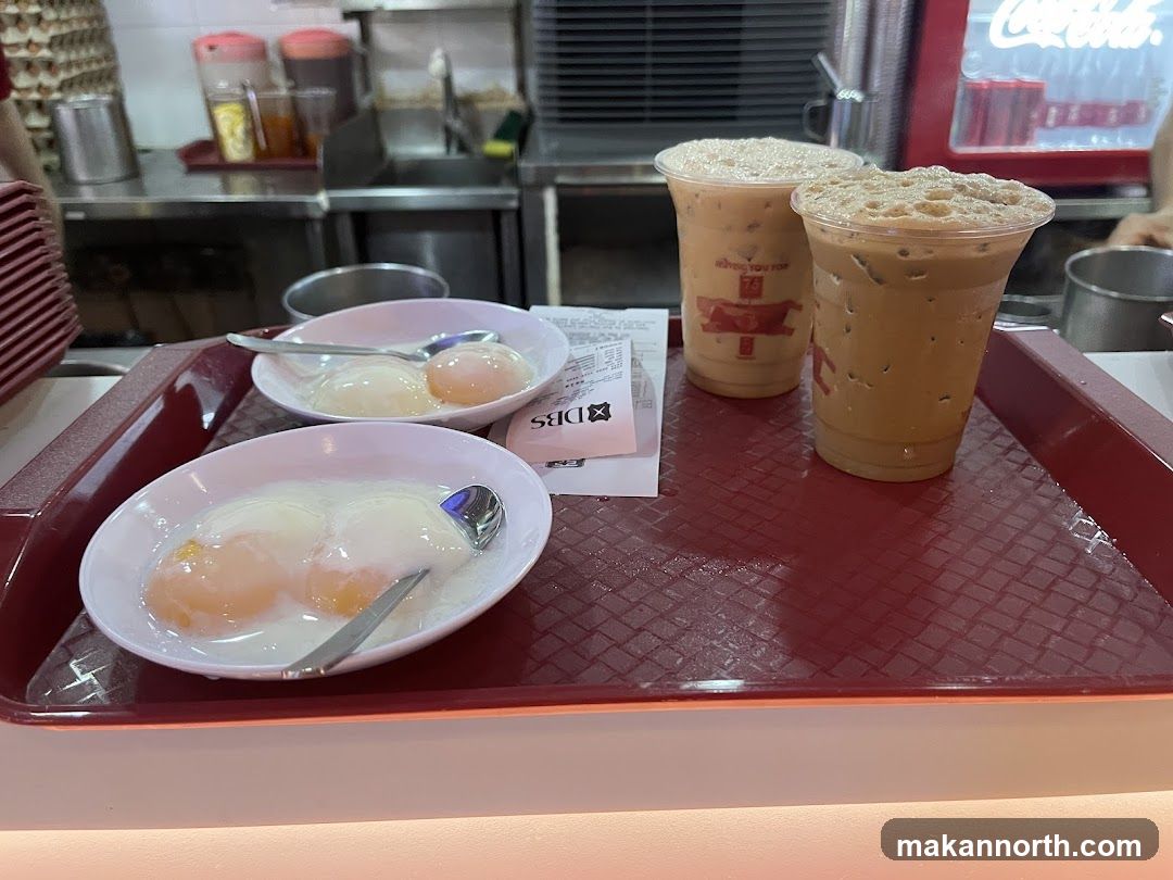 Soft-boiled eggs and iced coffee