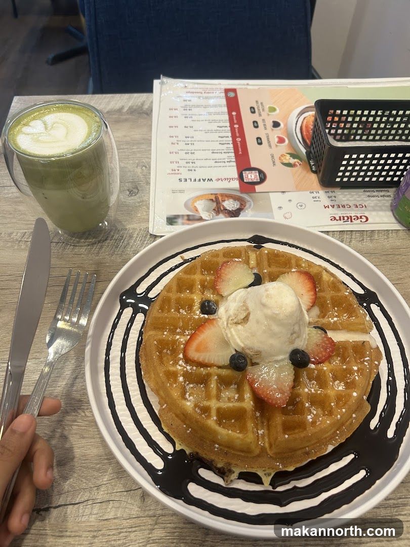 Waffle with Ice Cream and Matcha Latte
