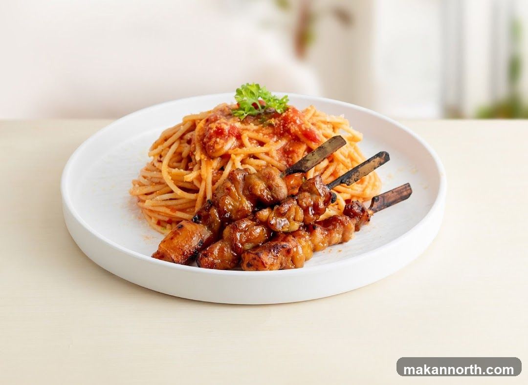 Spaghetti with Chicken Skewers