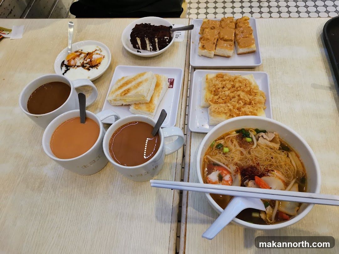 Table with various food and drinks