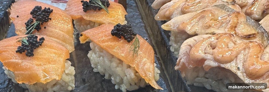 Salmon Nigiri with Caviar and Seared Salmon Nigiri