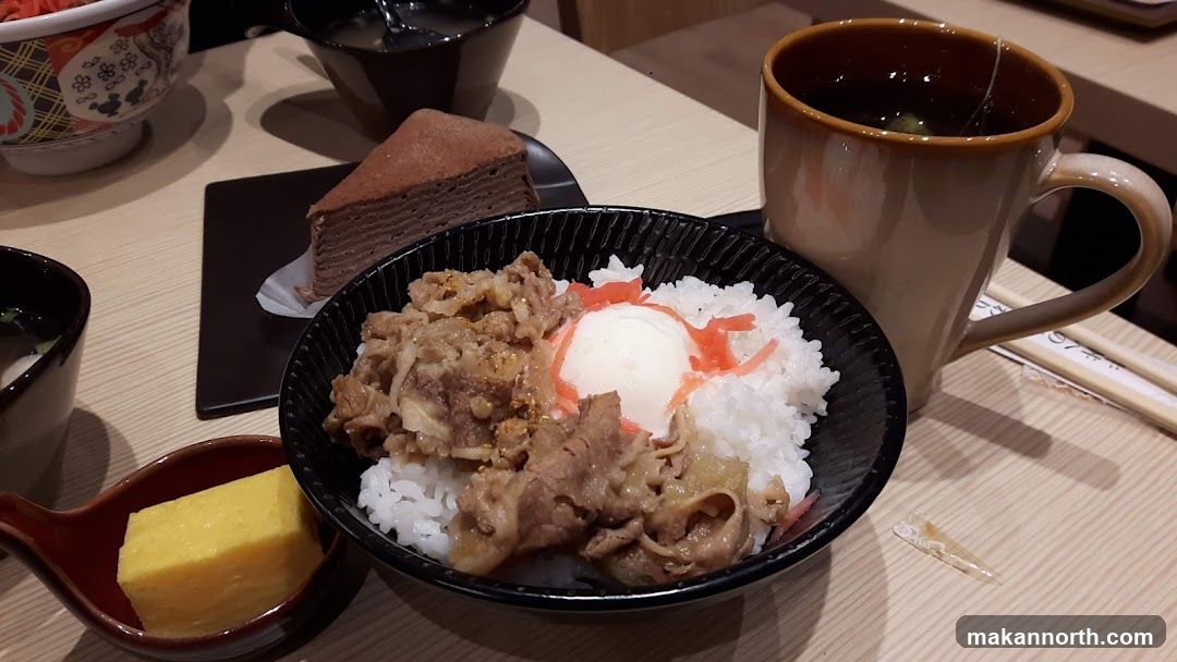 Meal with Beef Bowl, Cake, and Tea