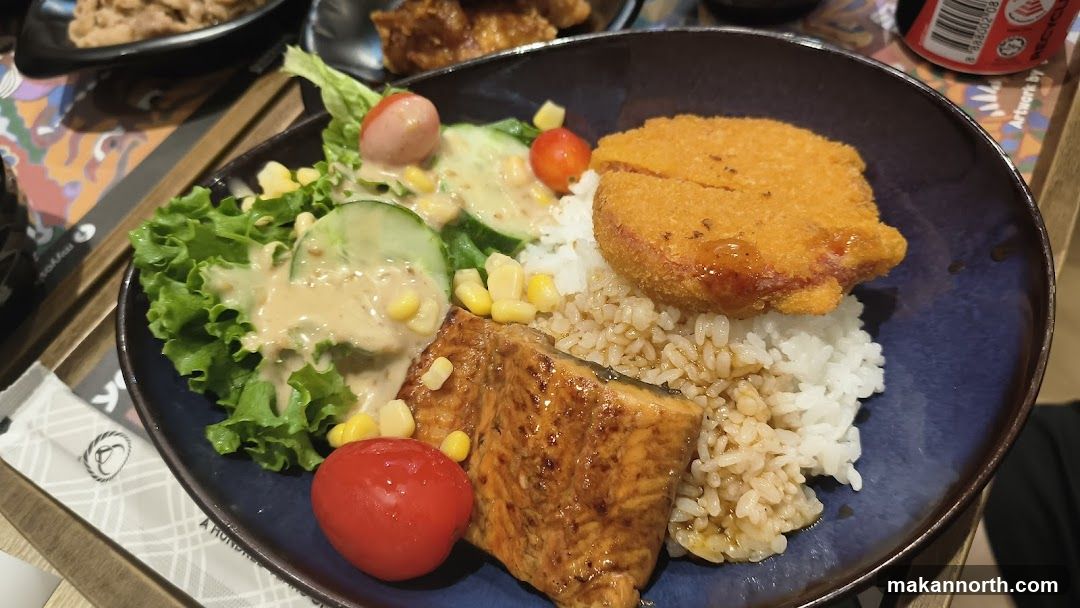 Salmon and Fried Cutlet Rice Bowl