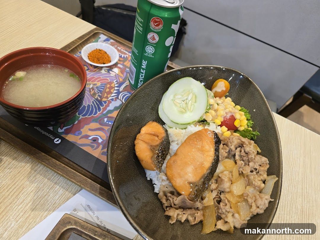 Salmon and Beef Donburi with Miso Soup