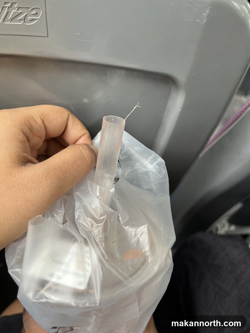 Hand holding a plastic bag with a straw
