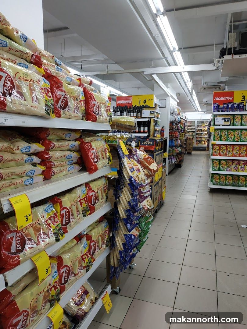 Supermarket aisle with packaged goods