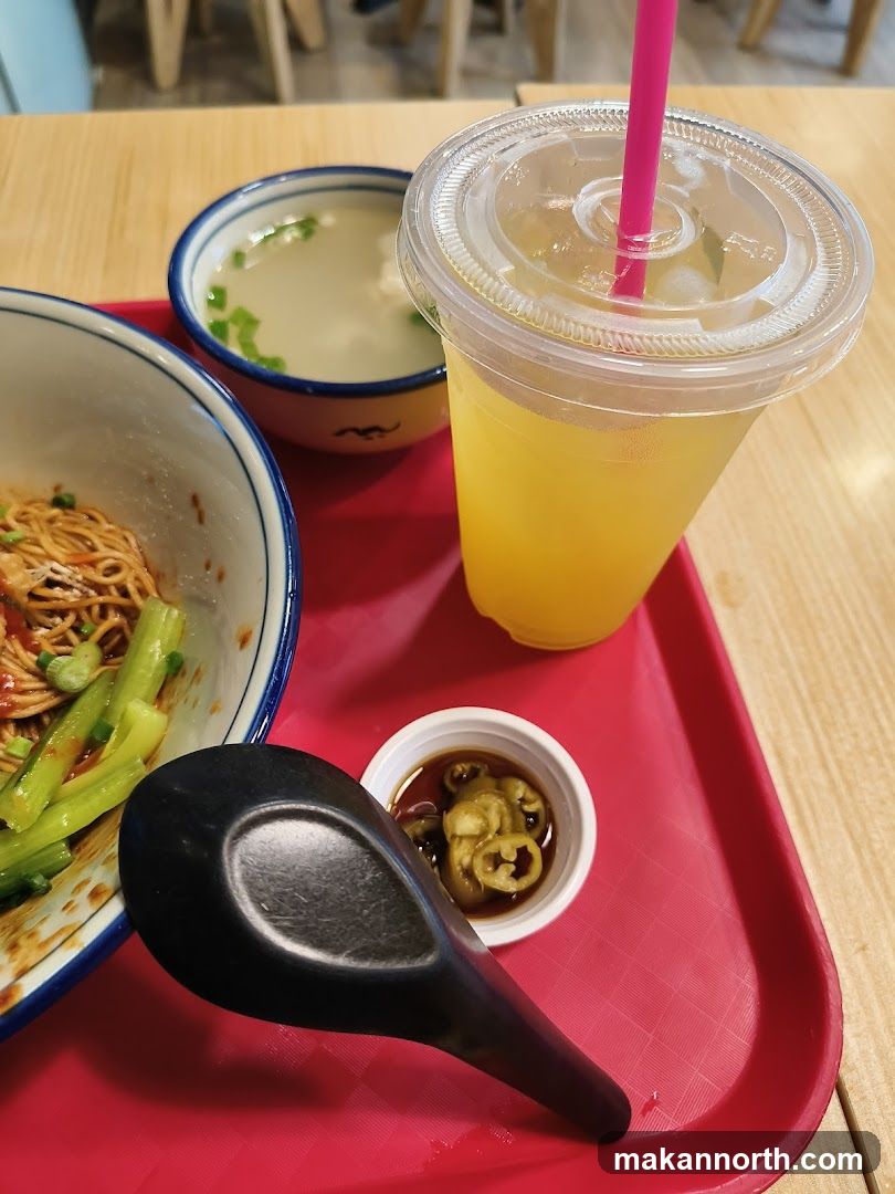 Noodle Dish with Drink and Soup