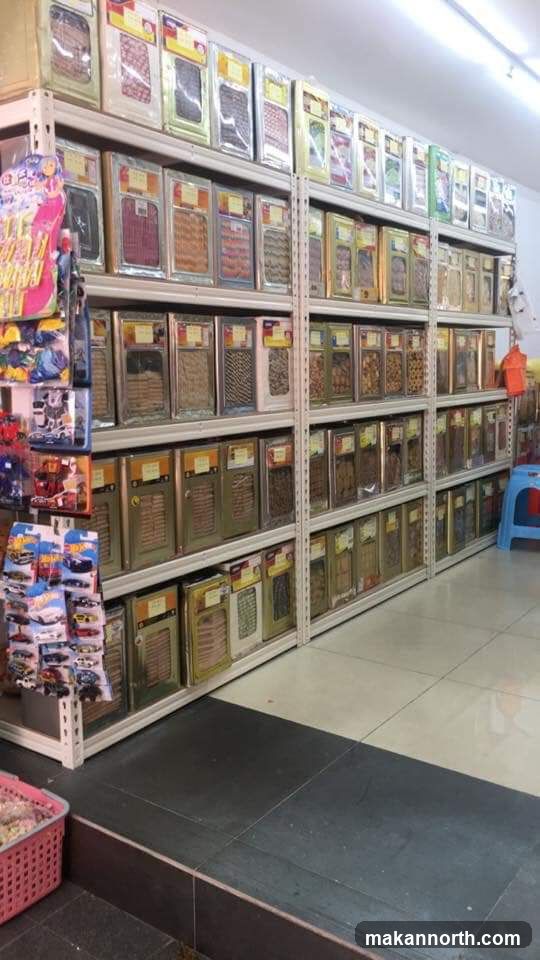 Shelves stocked with packaged goods