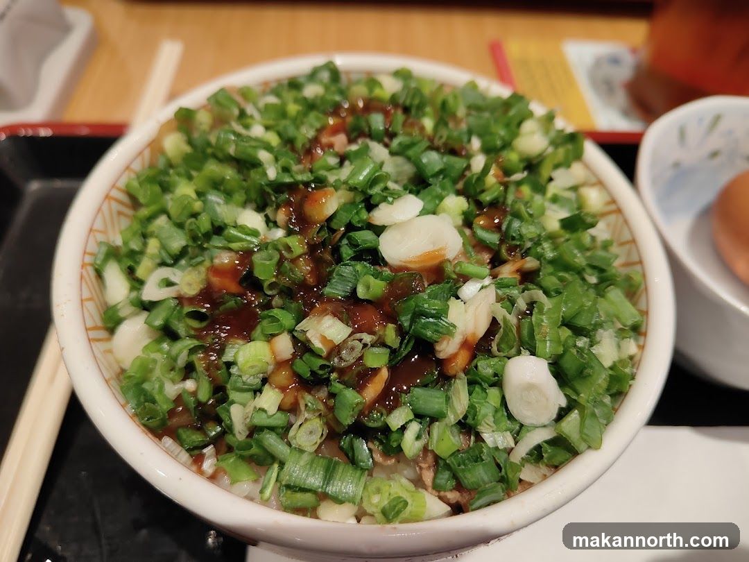 Bowl of Rice Topped with Green Onions and Sauce