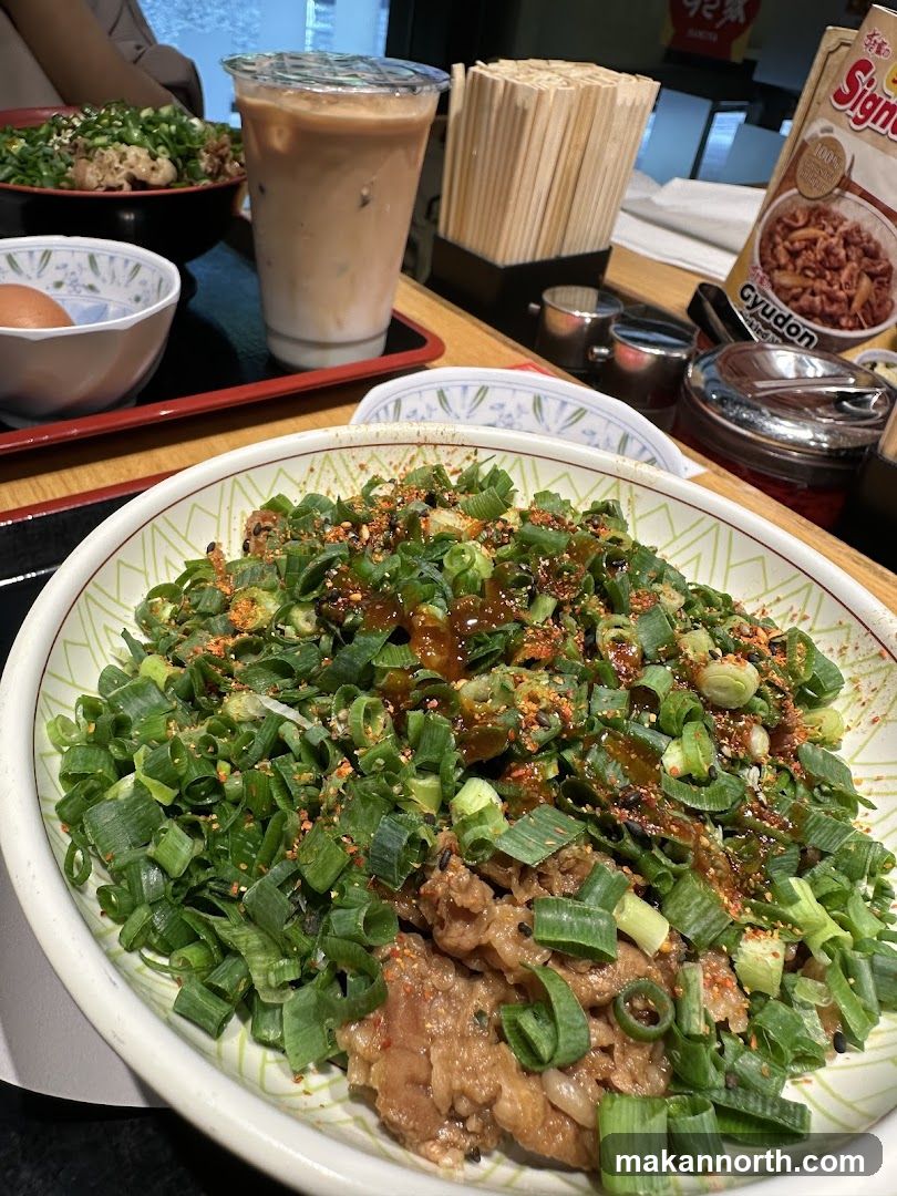 Beef Bowl with Scallions and Iced Coffee
