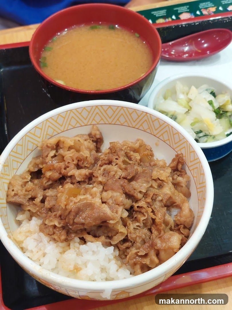 Beef bowl with miso soup and pickles