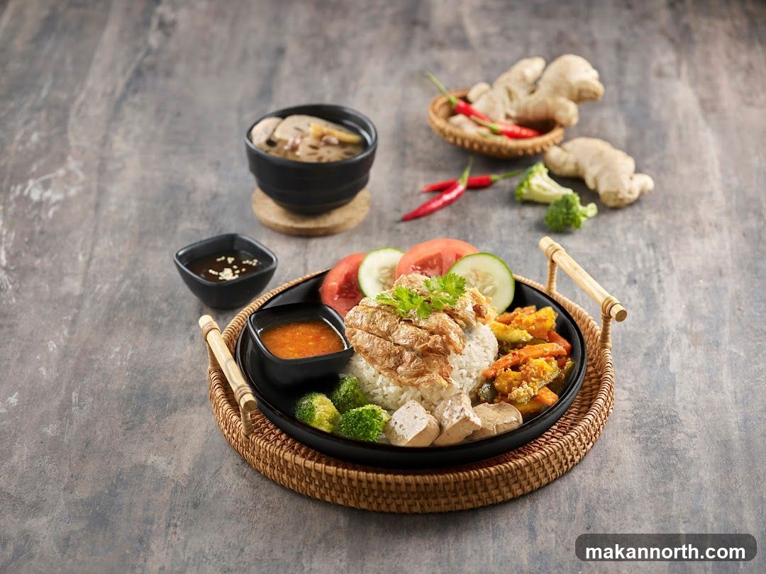 Rice dish with side soup and dipping sauces