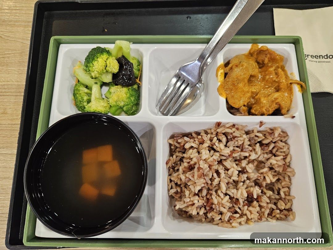 Meal Tray with Rice, Curry, Broccoli, and Soup