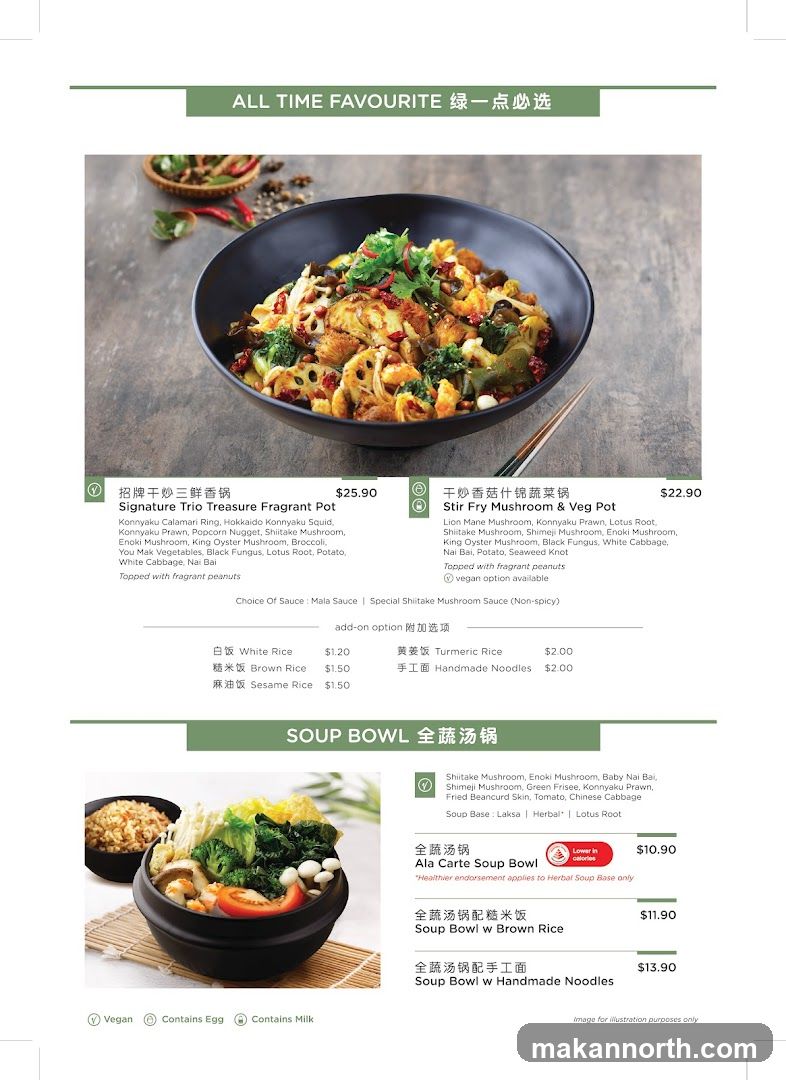 Menu items featuring signature pots and soup bowls.