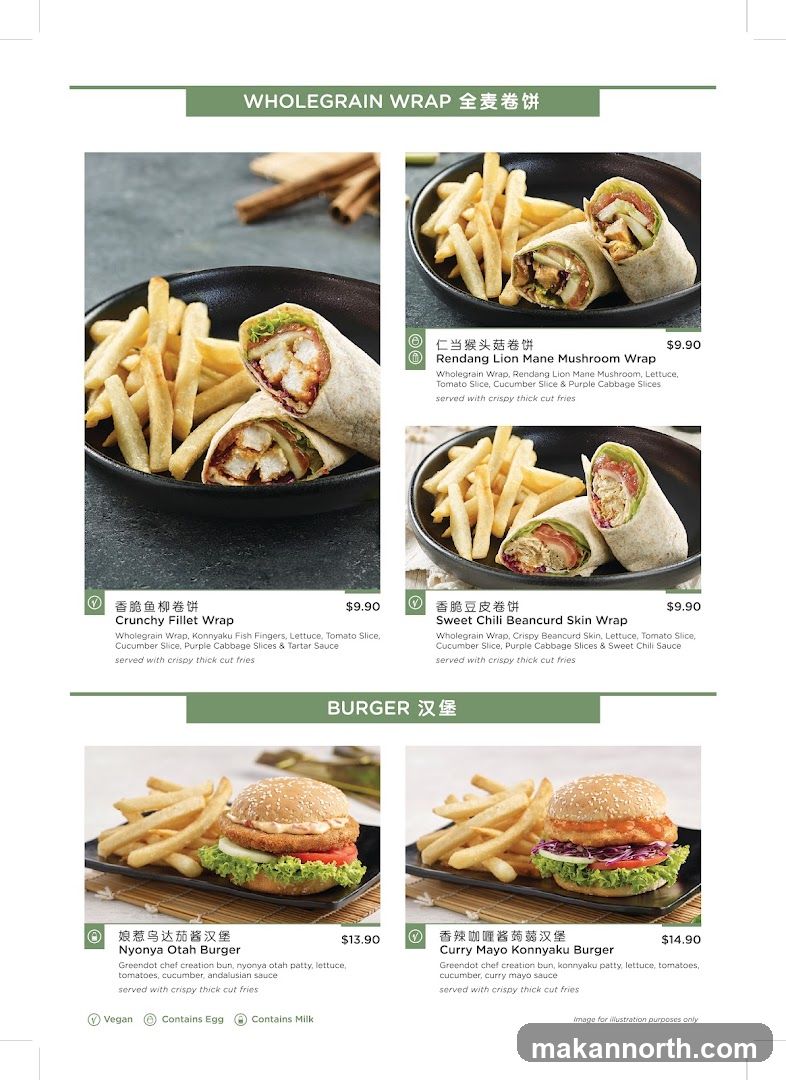 Menu featuring wholegrain wraps and burgers with descriptions and prices.