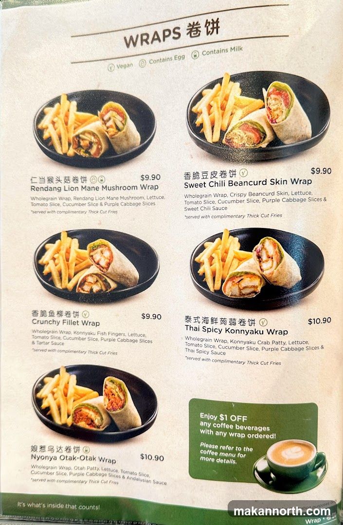 Menu featuring various wraps with descriptions and prices. Includes a promotion for $1 off coffee beverages with any wrap order.