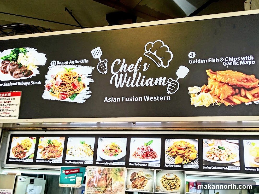 A menu board for Chef's William, featuring Asian Fusion Western cuisine. It displays images and names of various dishes.