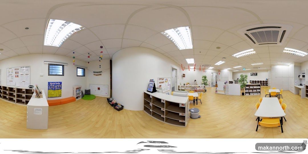 Classroom interior with tables and shelves