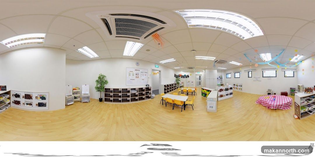 Classroom interior with tables and chairs