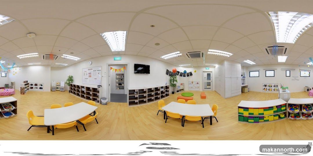 Classroom interior with tables and chairs