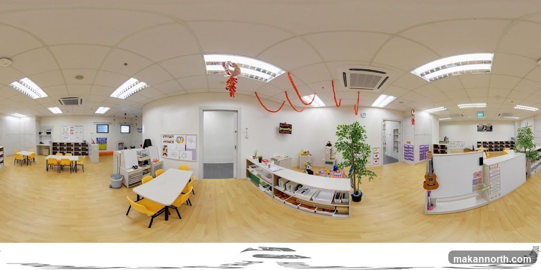 Classroom interior with tables and chairs