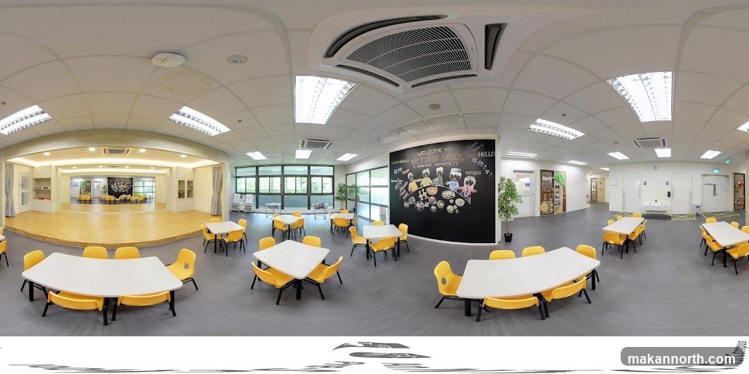 Classroom with stage and tables
