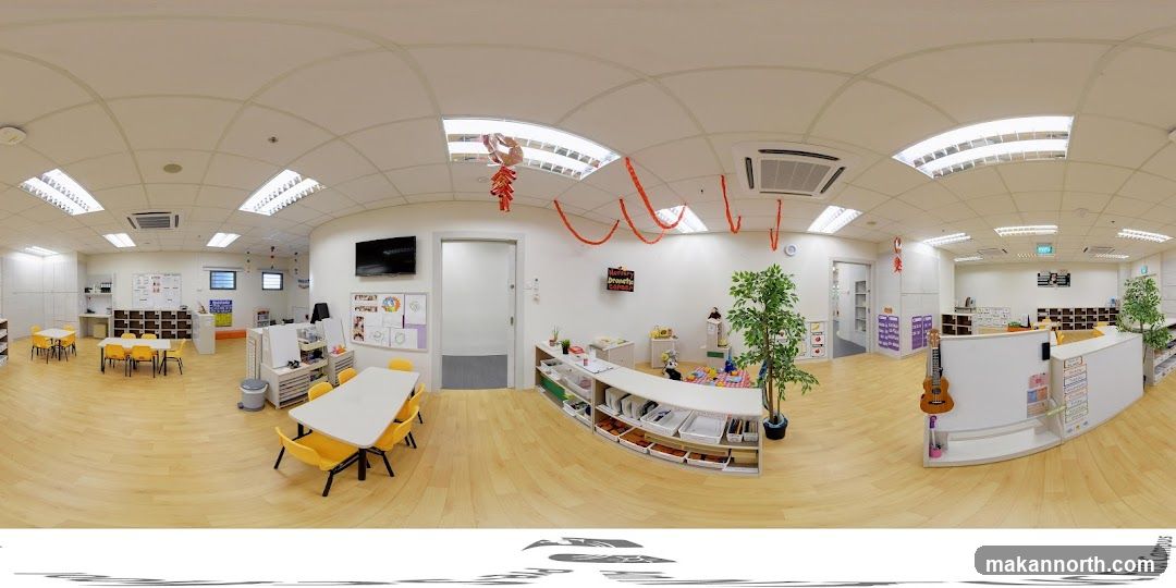 Classroom interior with tables and chairs