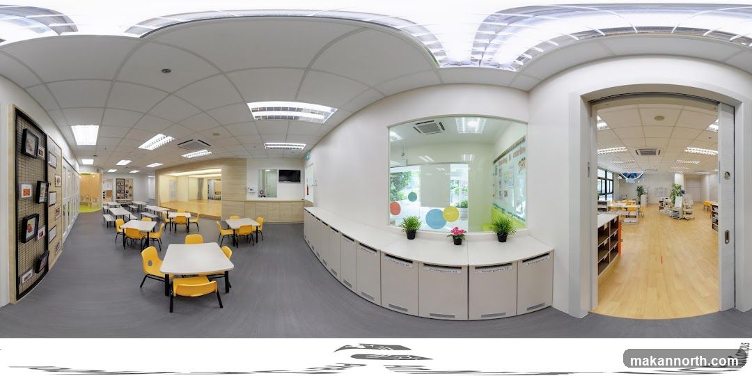 Classroom interior with tables and chairs