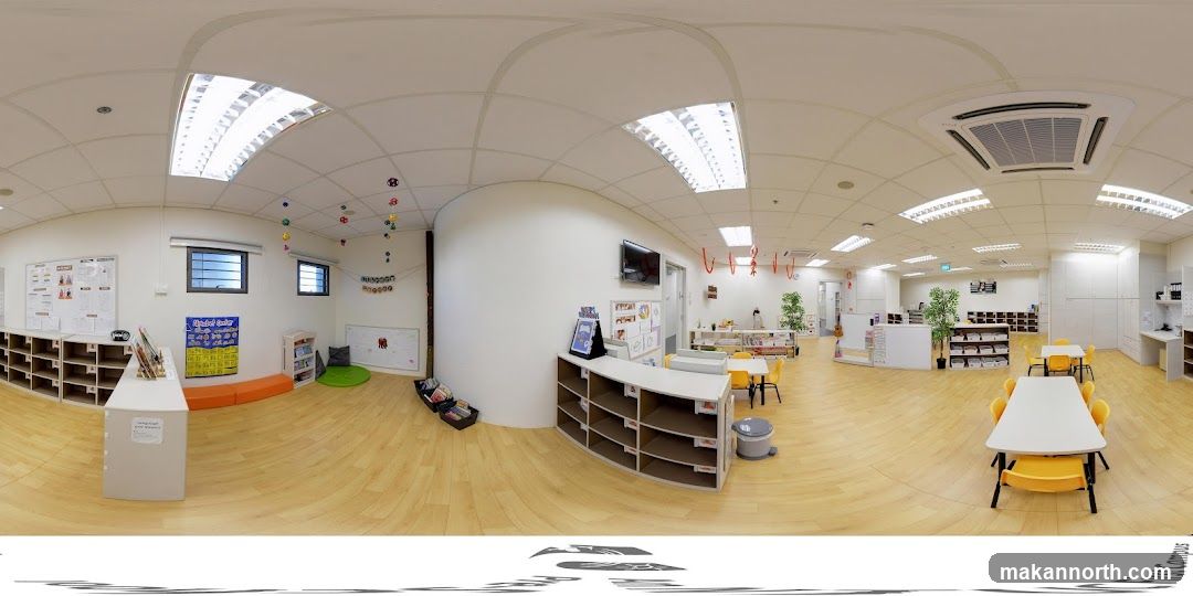 Classroom interior with tables and chairs