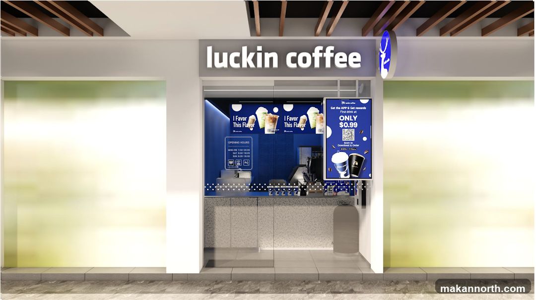 The exterior of a Luckin Coffee shop with its prominent "luckin coffee" signage. Inside, digital screens display promotional images of drinks and text that reads "I Favor This Flavor." A digital advertisement on the right side of the entrance offers the first drink for only $0.99 when downloading and ordering via the app. Opening hours are displayed on a sign inside the shop.