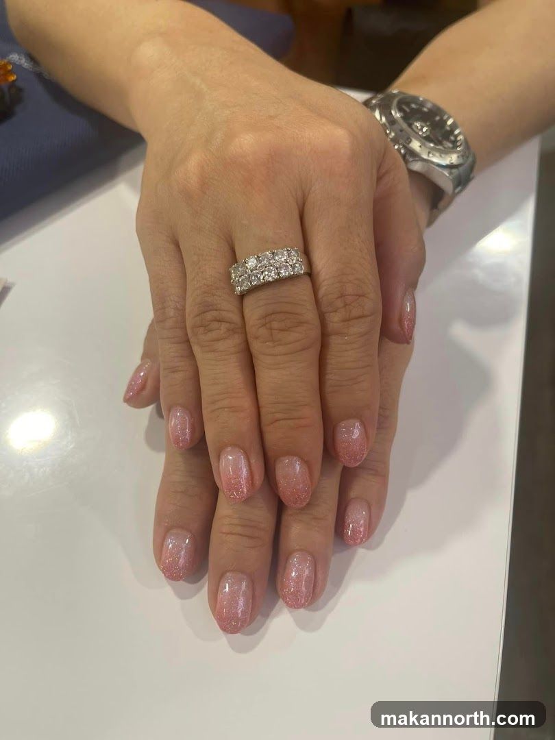 Woman's Hands with Glitter Ombre Nails and Diamond Ring