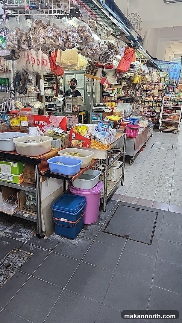 Market stall with dried goods and produce