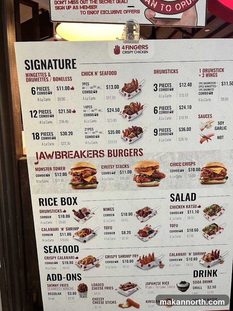 Menu for 4 Fingers Crispy Chicken featuring signature wingettes and drumettes, chick n' seafood, drumsticks, jawbreakers burgers, rice boxes, seafood, salads, add-ons, and drinks.