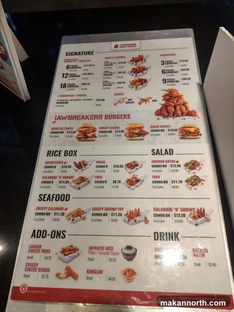 A menu featuring signature dishes, burgers, rice boxes, seafood, add-ons, and drinks.