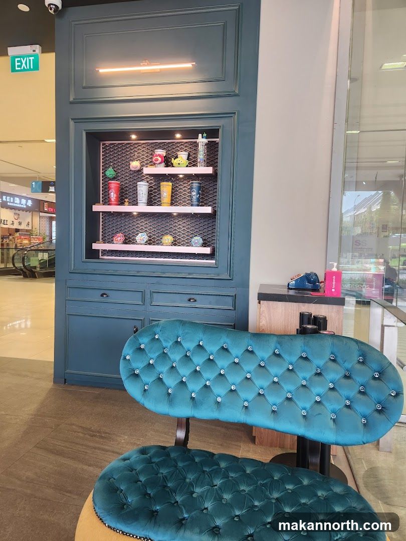 Display cabinet with merchandise and seating