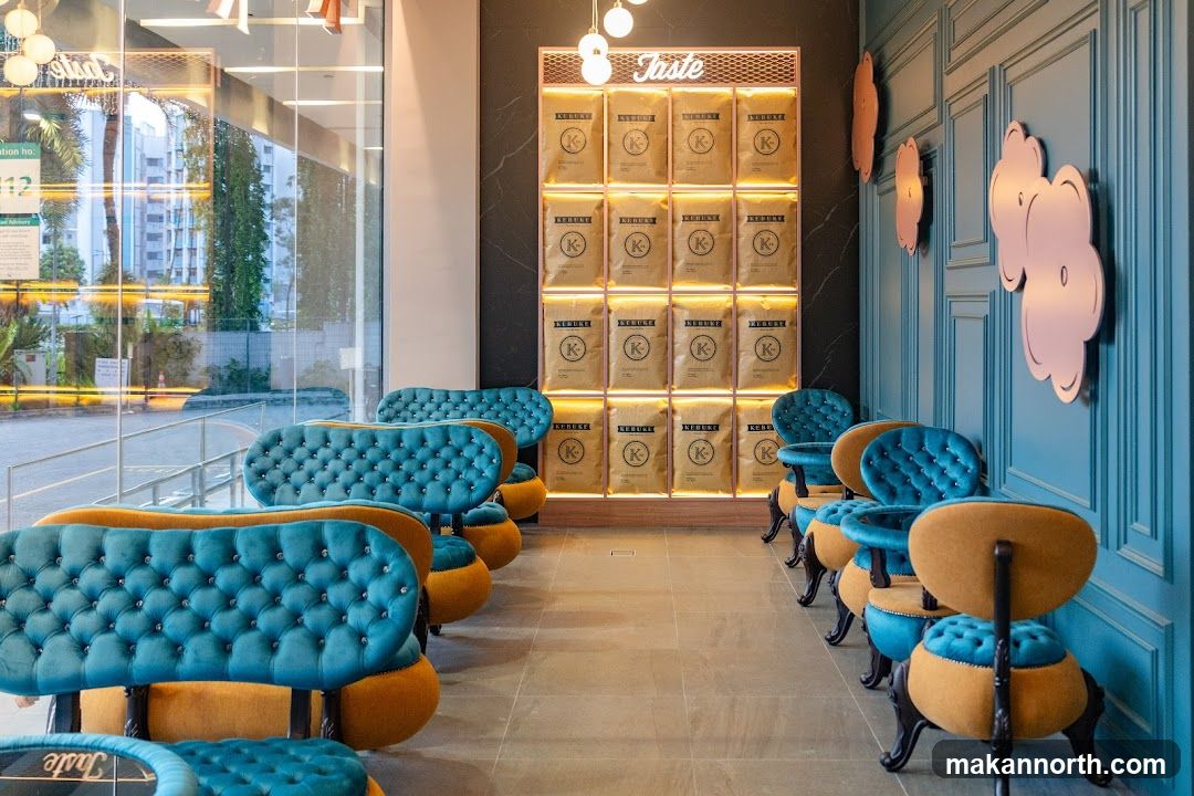 Cafe Interior with Seating and Coffee Bags