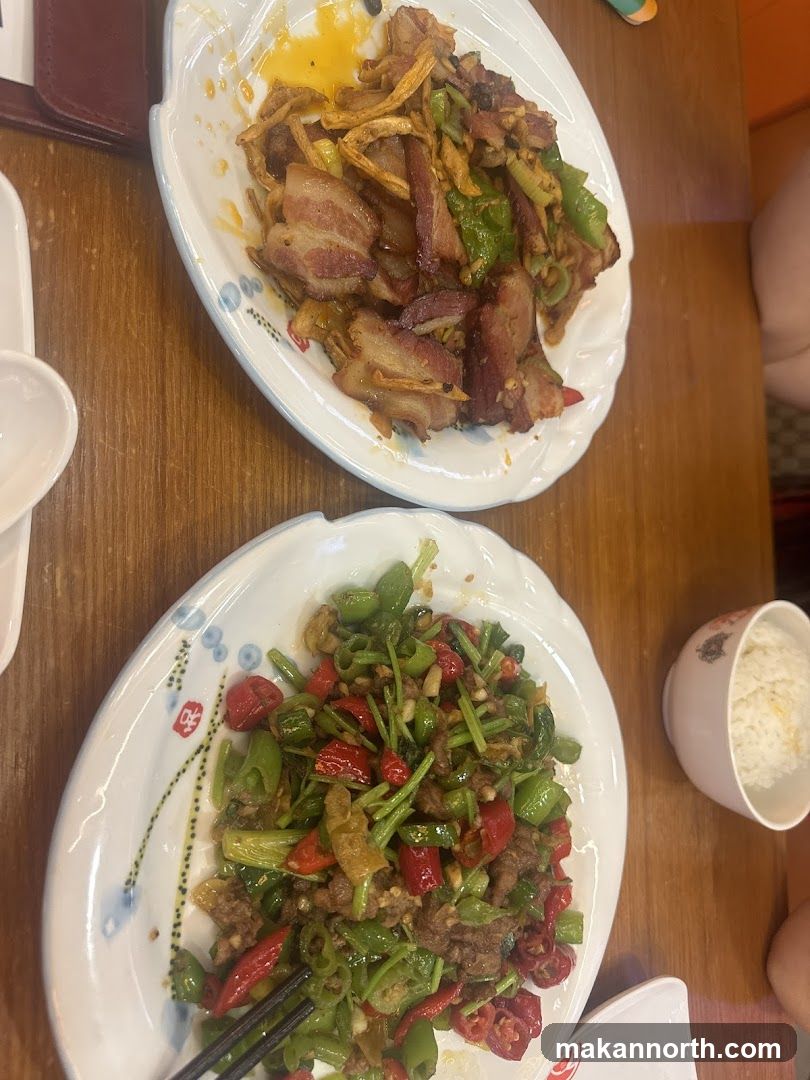 Two plates of stir-fried food and a bowl of rice