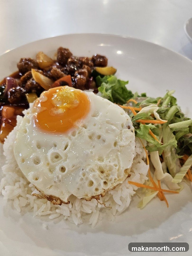 Rice dish with fried egg and meat