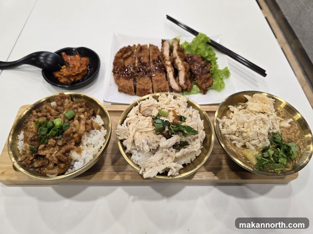 Three Bowls of Food with Fried Pork Cutlet