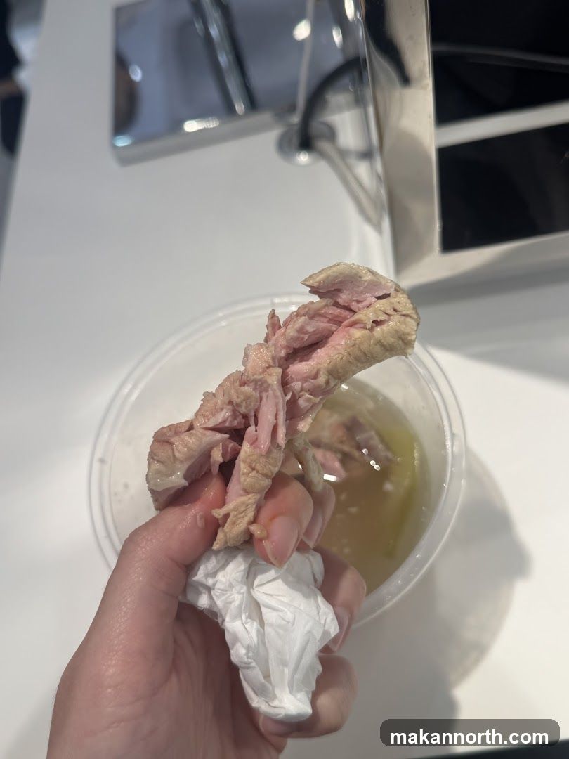 Hand holding shredded meat over a container of broth