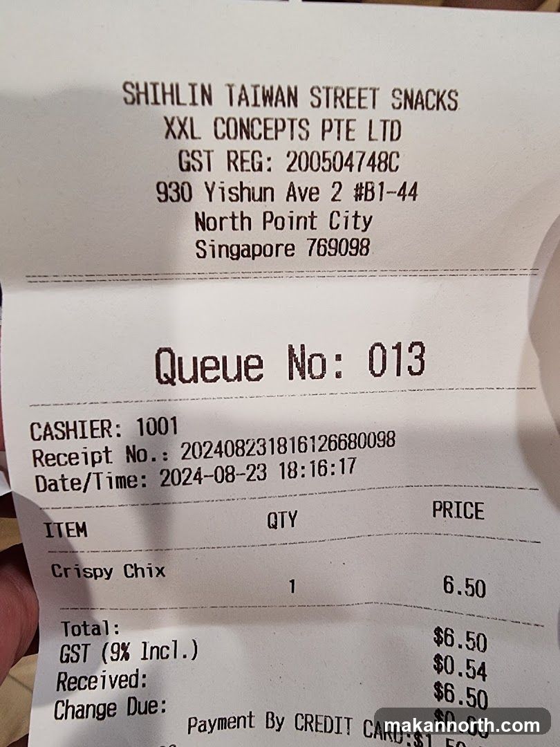 Receipt from Shihlin Taiwan Street Snacks