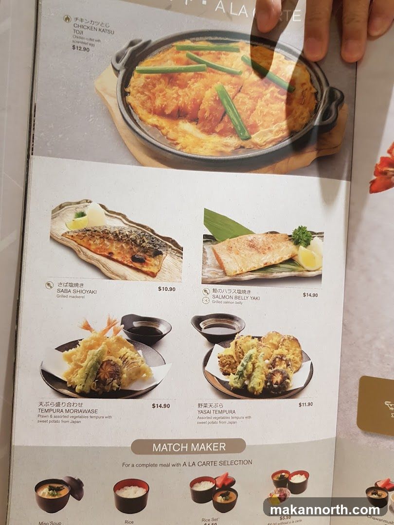 A menu featuring Japanese dishes with prices.