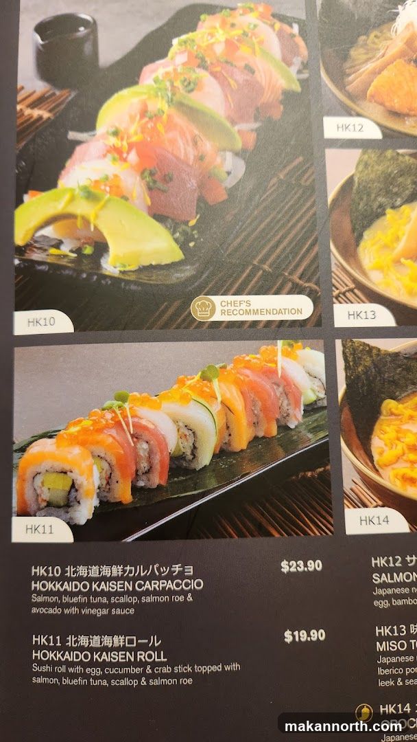 A menu featuring sushi rolls and other Japanese dishes.