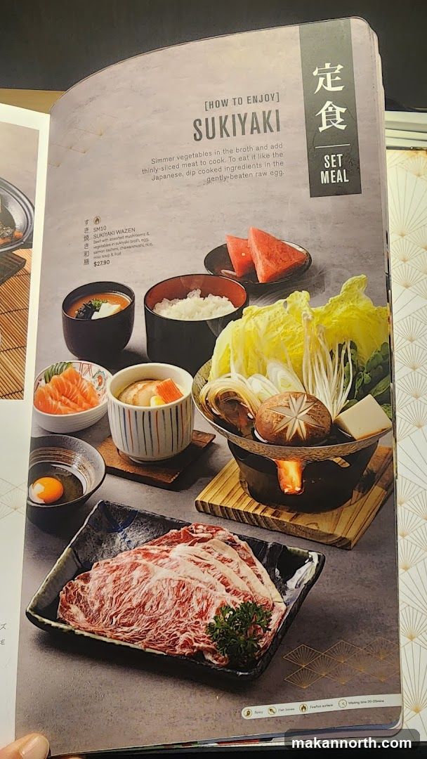 Instructions on how to enjoy Sukiyaki: Simmer vegetables in the broth and add thinly sliced meat to cook. To eat it like the Japanese, dip cooked ingredients in the gently-beaten raw egg.