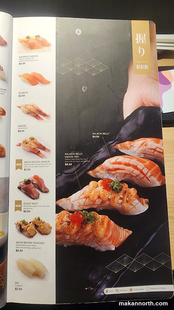 A menu page featuring various types of nigiri sushi.